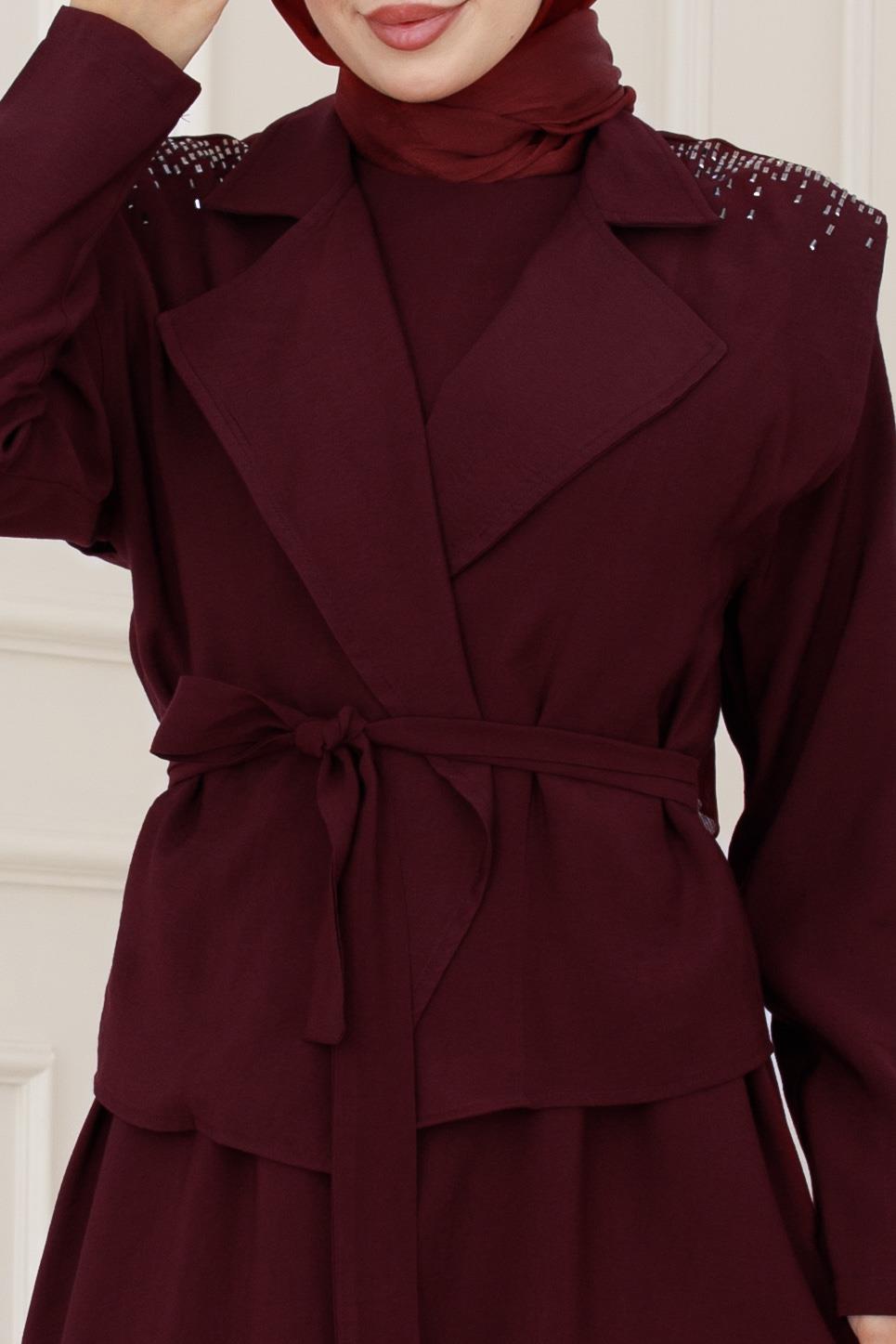 Yeleği Taş Detaylı Tensel Elbise-Bordo