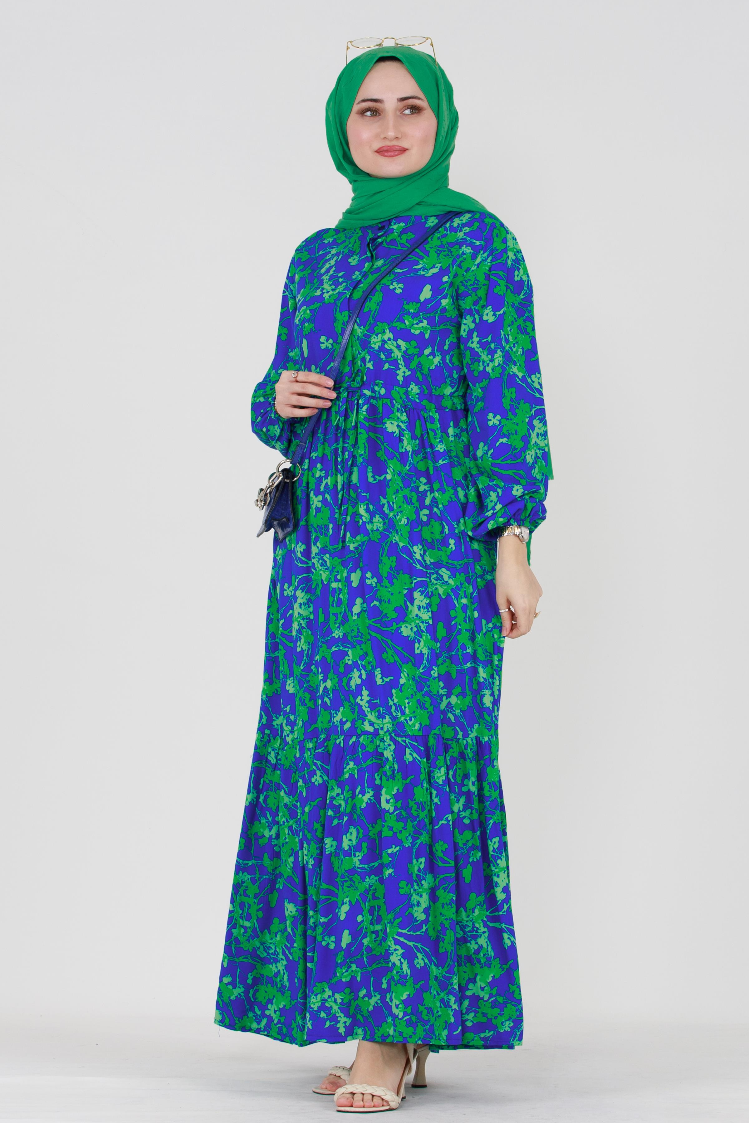 Clover Pattern Viscose Dress-Blue