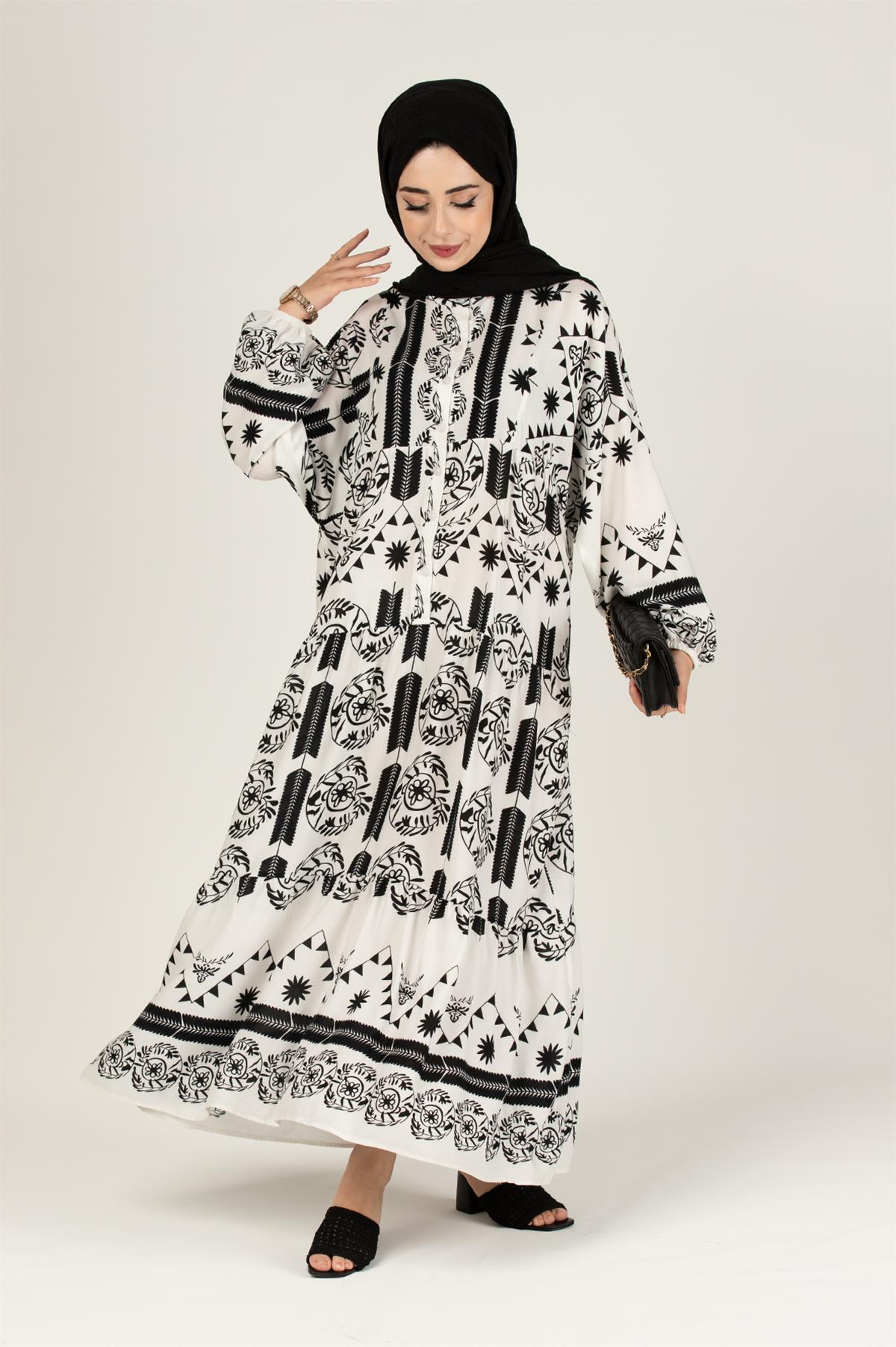 Zaren Pattern Viscose Dress-White
