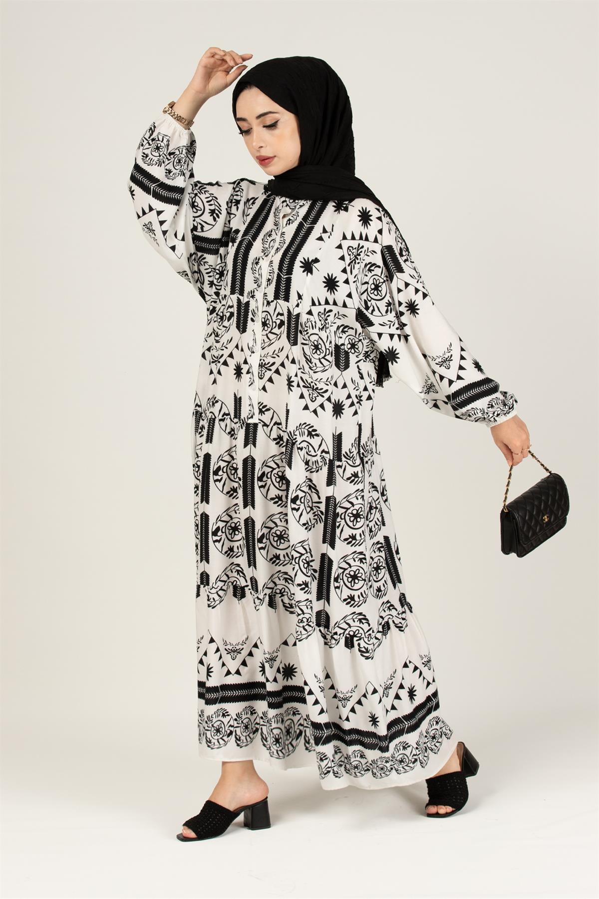 Zaren Pattern Viscose Dress-White