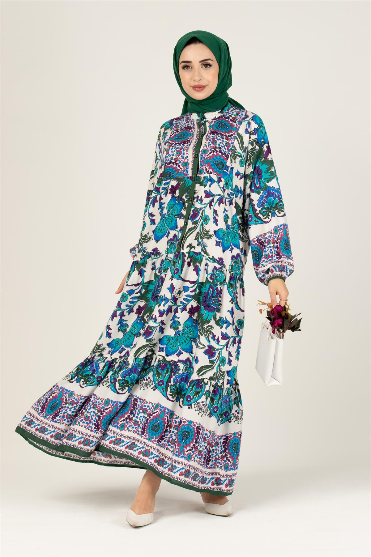 Zaren Pattern Viscose Dress-Blue