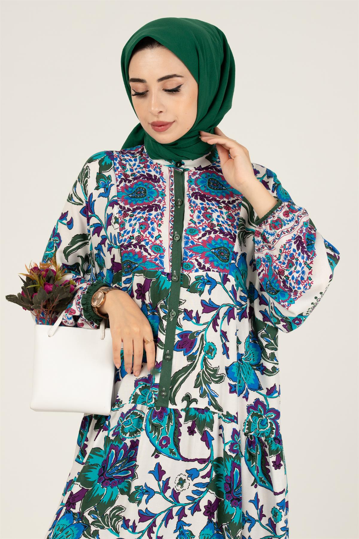 Zaren Pattern Viscose Dress-Blue
