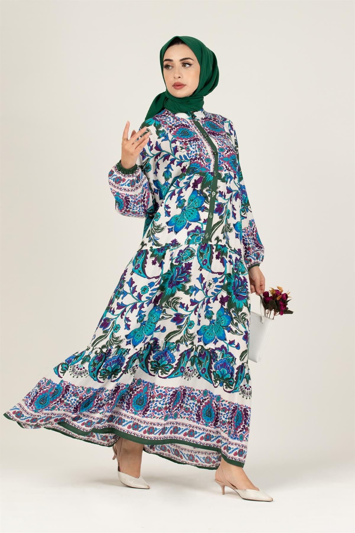 Zaren Pattern Viscose Dress-Blue