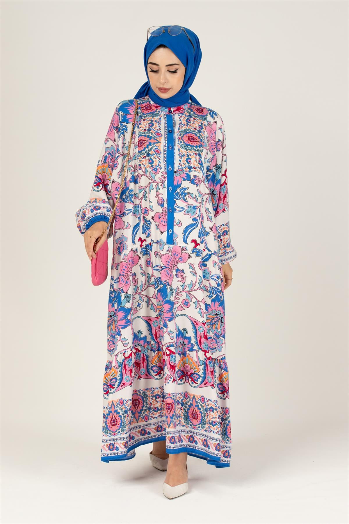 Zaren Pattern Viscose Dress-Pink