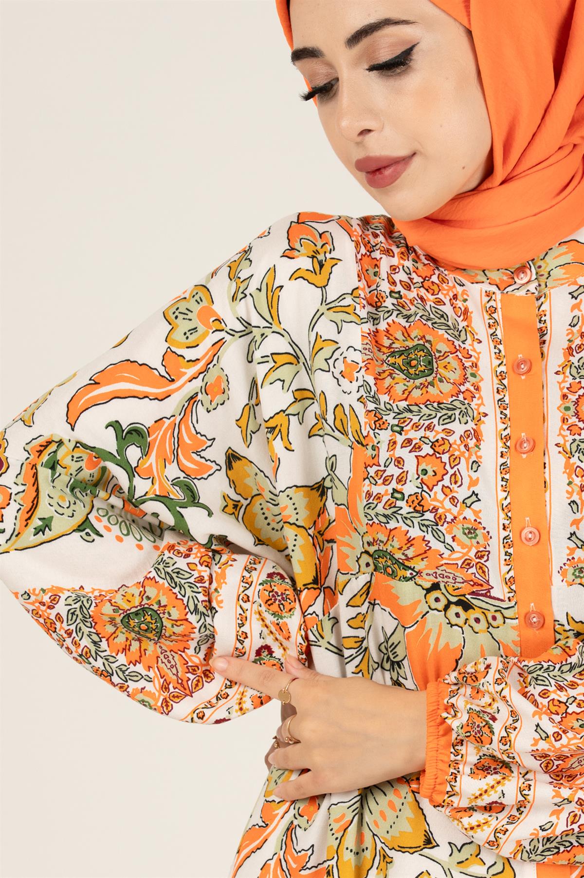 Zaren Pattern Viscose Dress-Orange