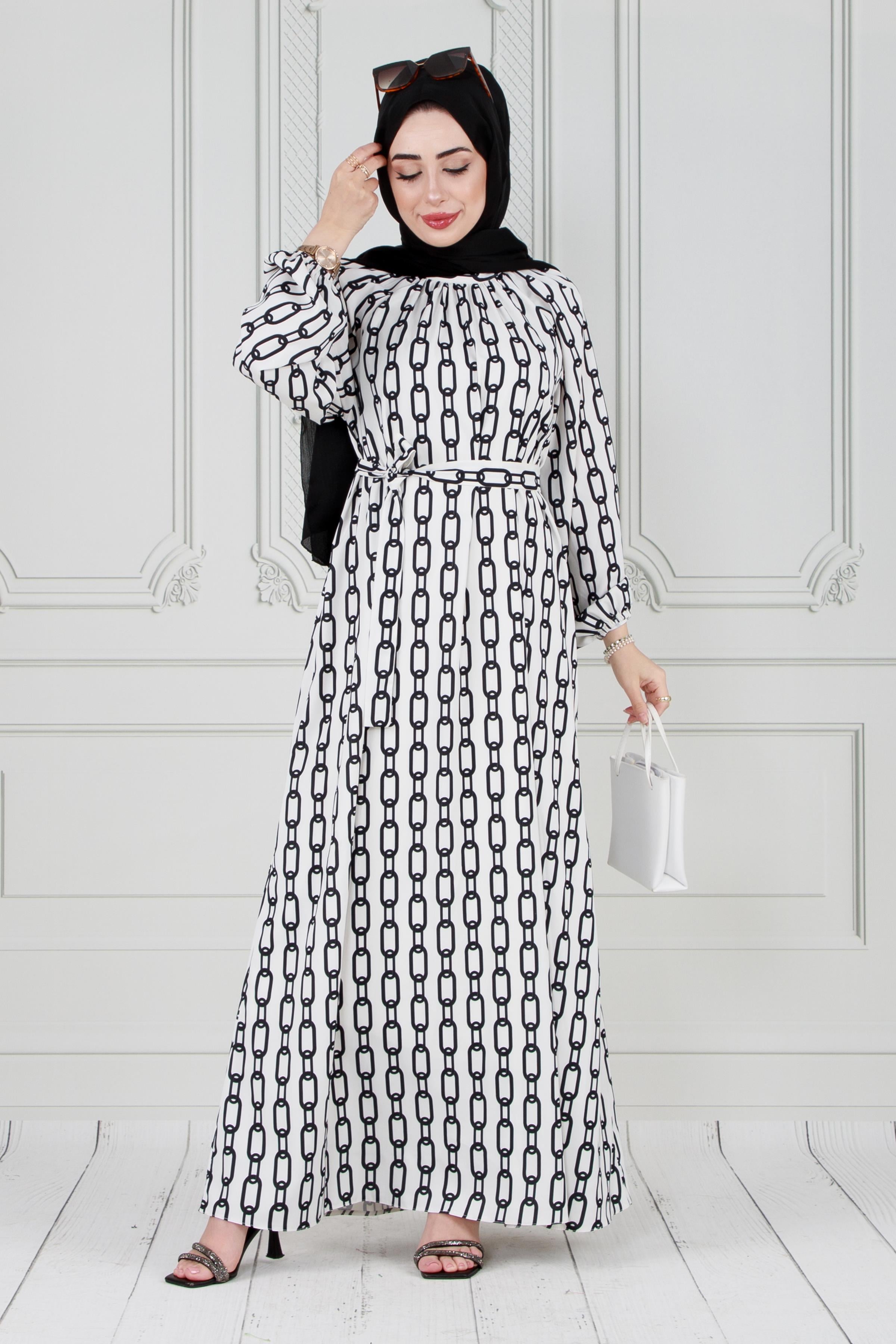 Hijab Dress with belt -White color 