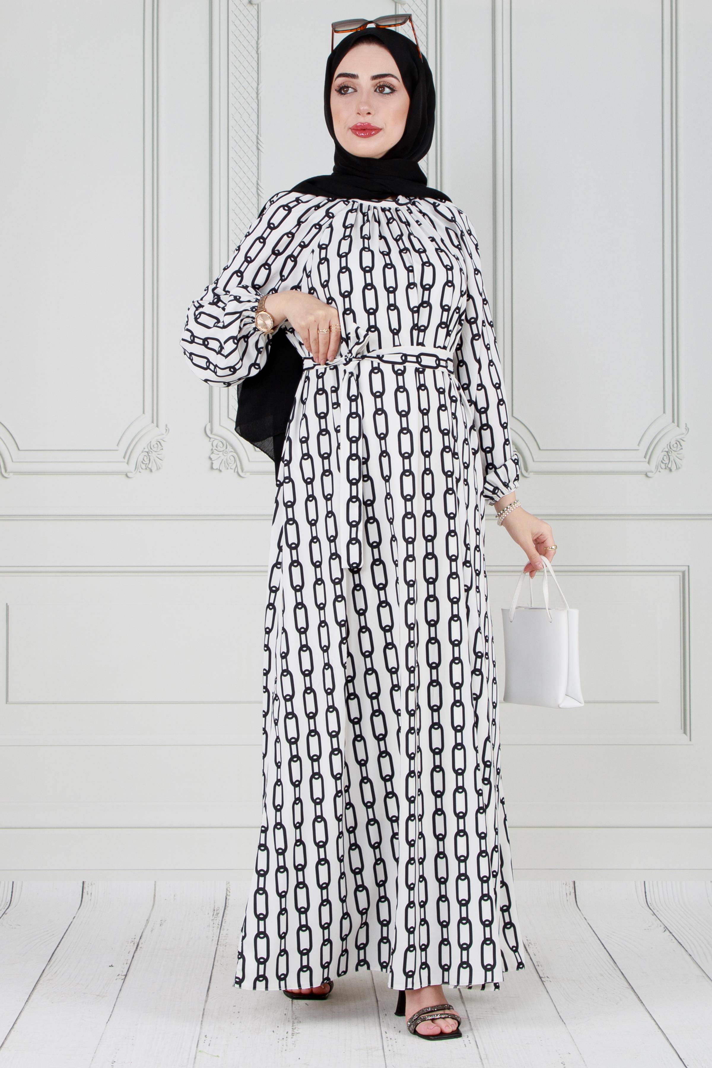 Hijab Dress with belt -White color 