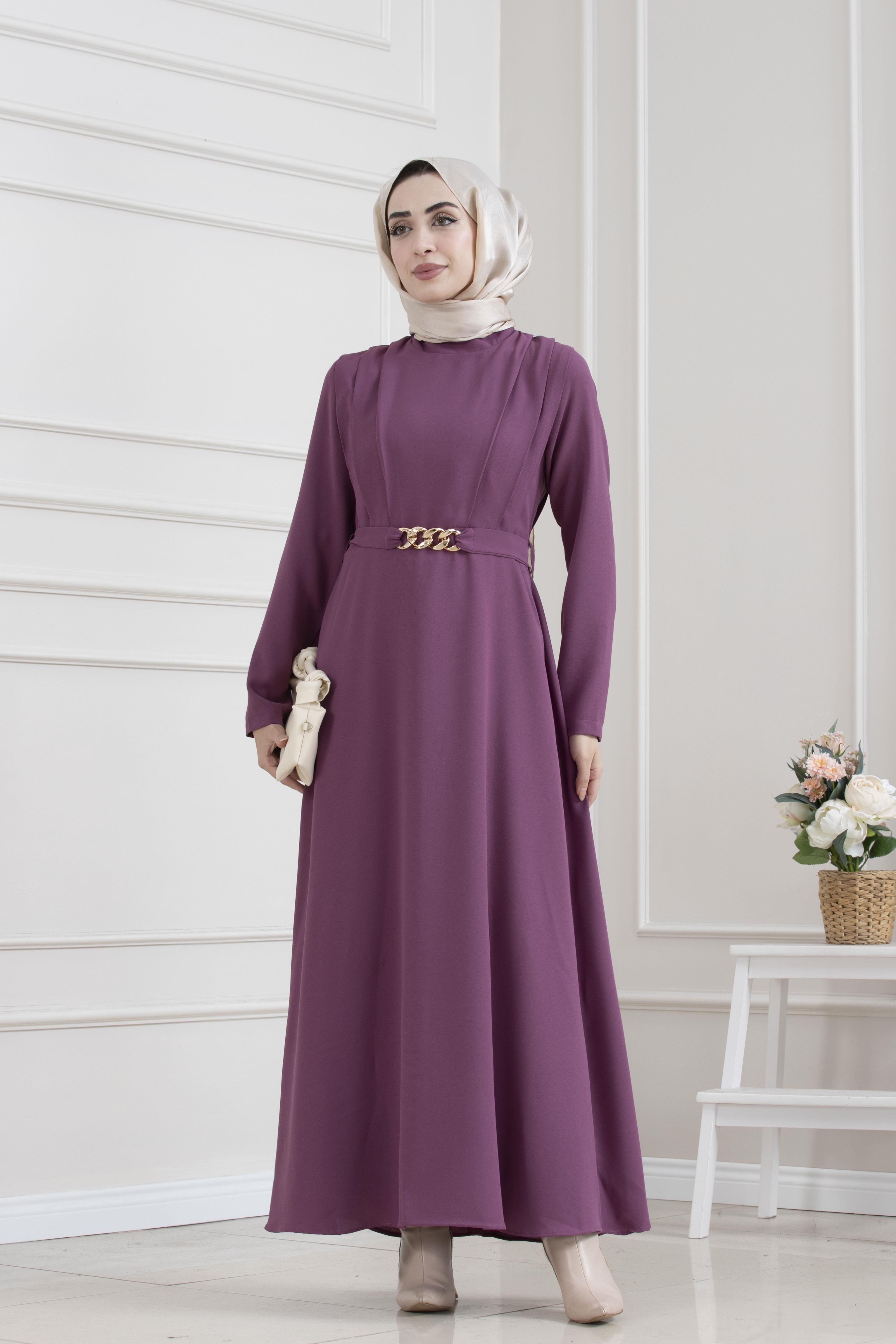 Zincir Detay Elbise -Mürdüm