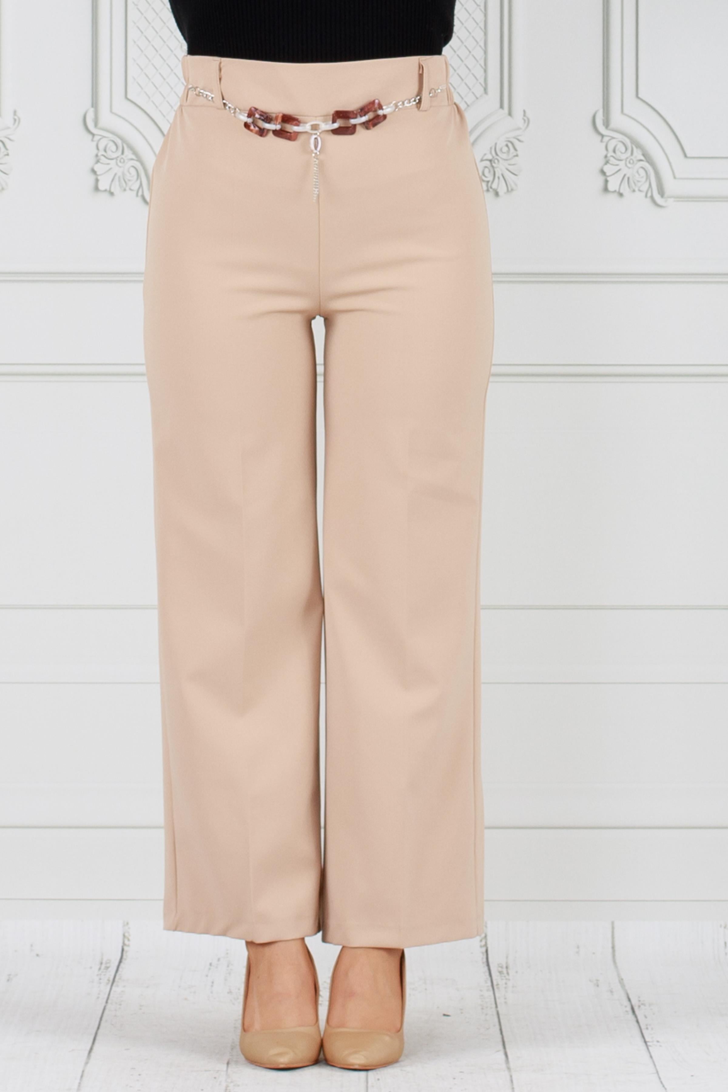 Wide Leg Trousers with chain at the waist -Beige