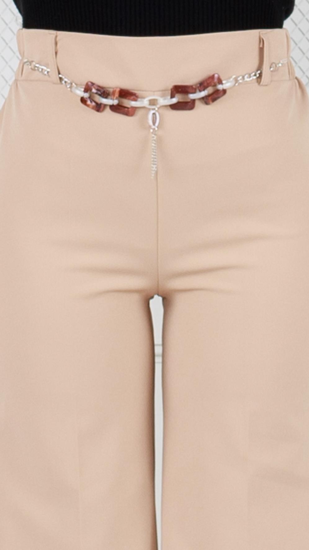 Wide Leg Trousers with chain at the waist -Beige