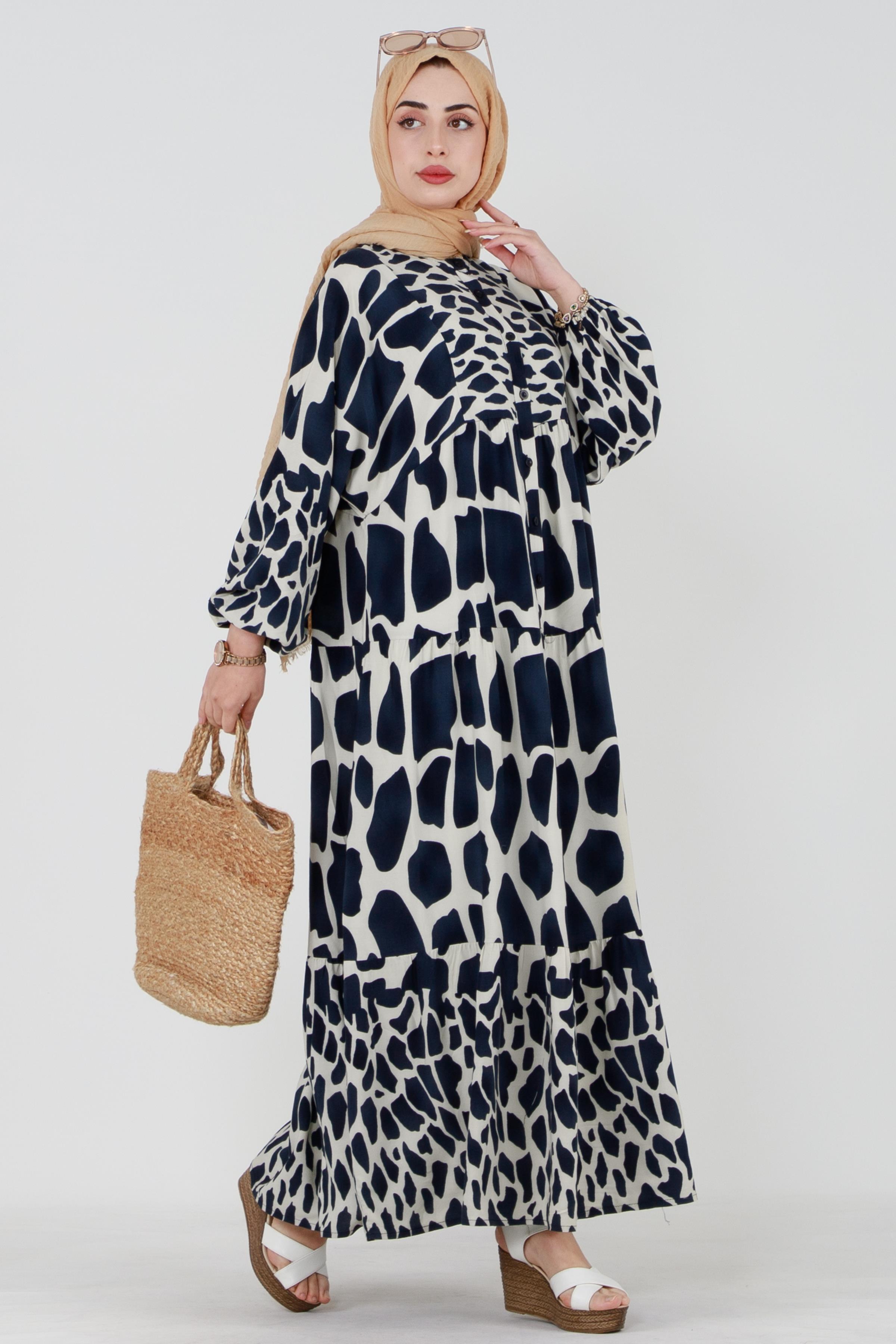 Collared and  Half-Buttoned Viscose Dress-Navy Blue