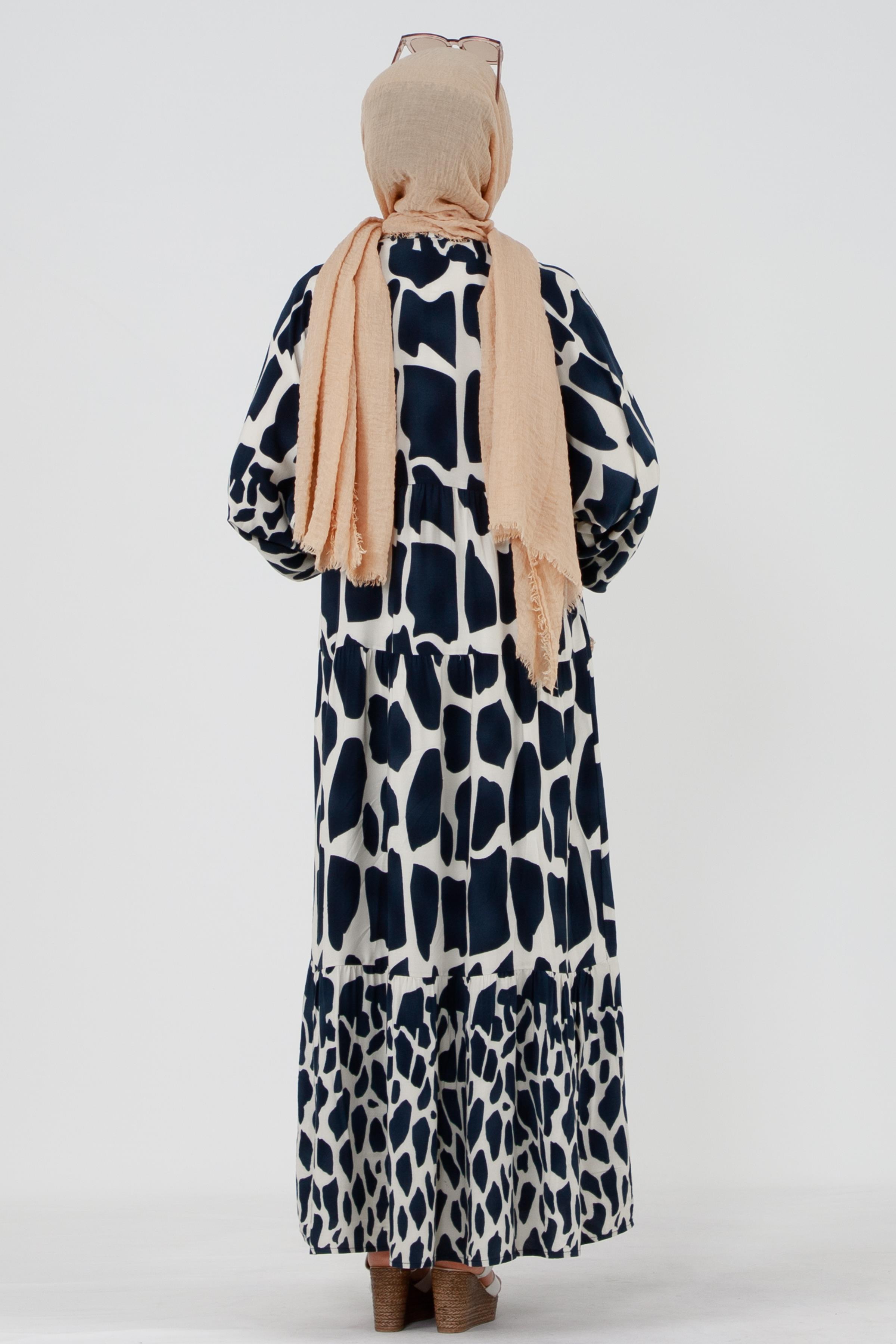 Collared and  Half-Buttoned Viscose Dress-Navy Blue