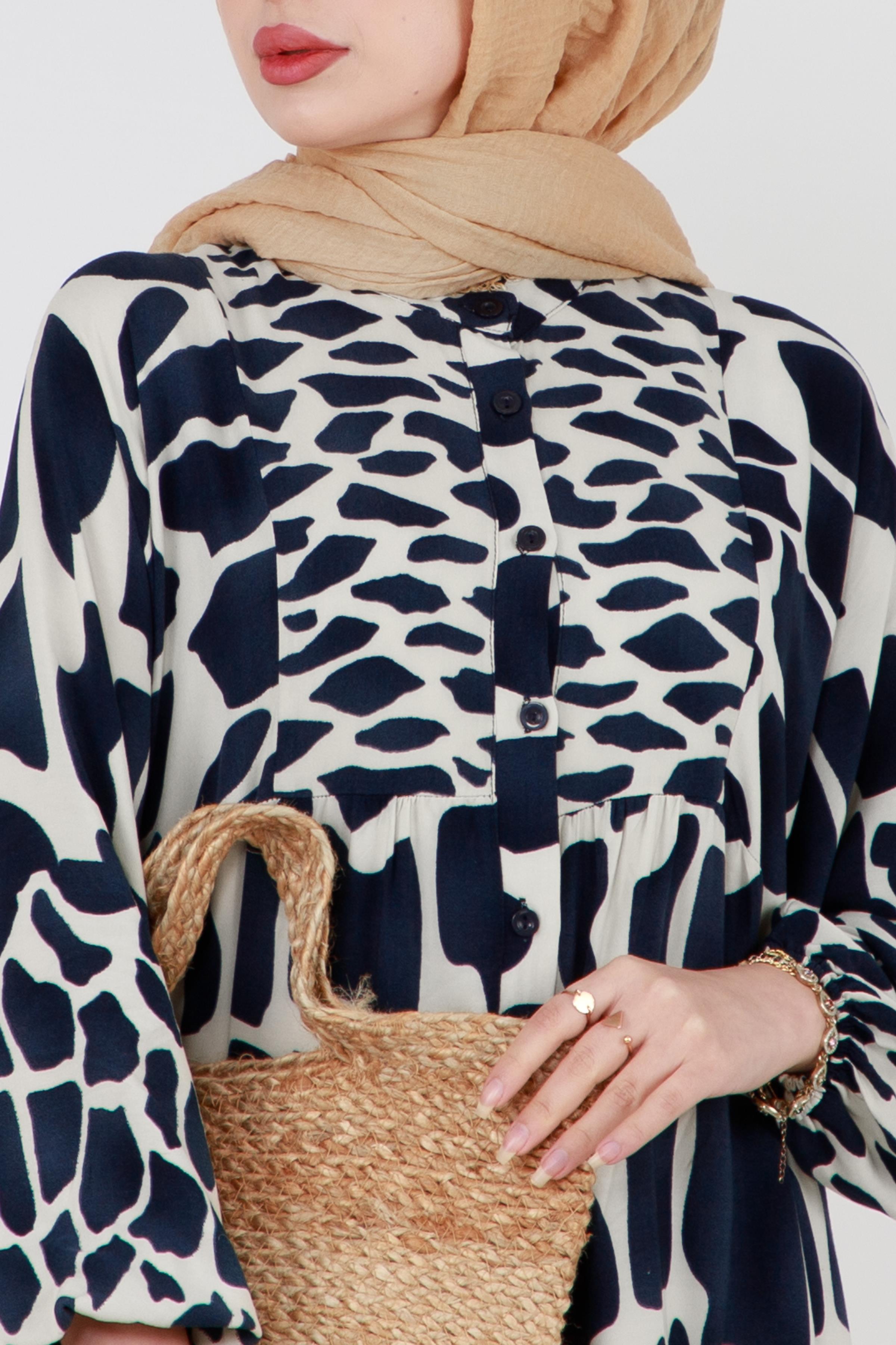 Collared and  Half-Buttoned Viscose Dress-Navy Blue