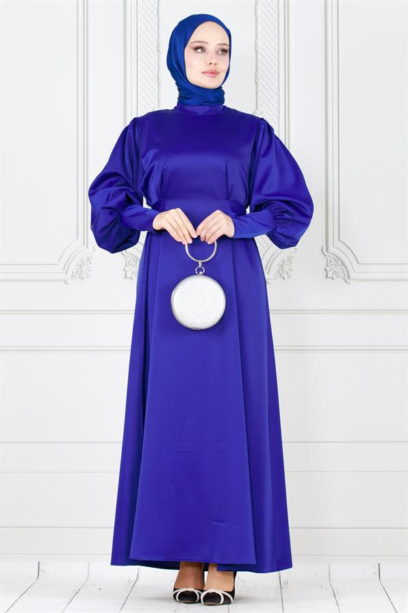 فستان سهرة من الساتان بأحزمة مربوطة إلى الخلف- لون أزرق