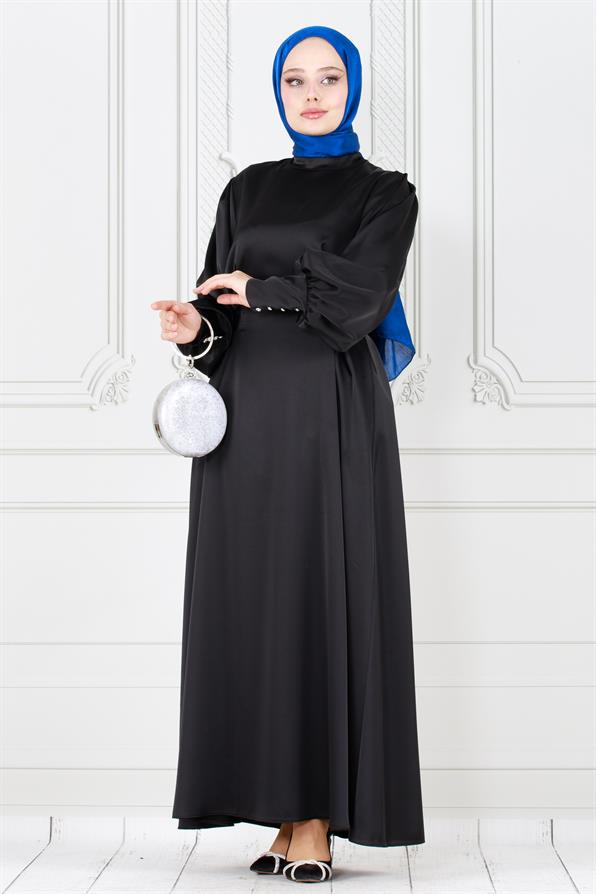 فستان سهرة من الساتان بأحزمة مربوطة إلى الخلف- لون أسود