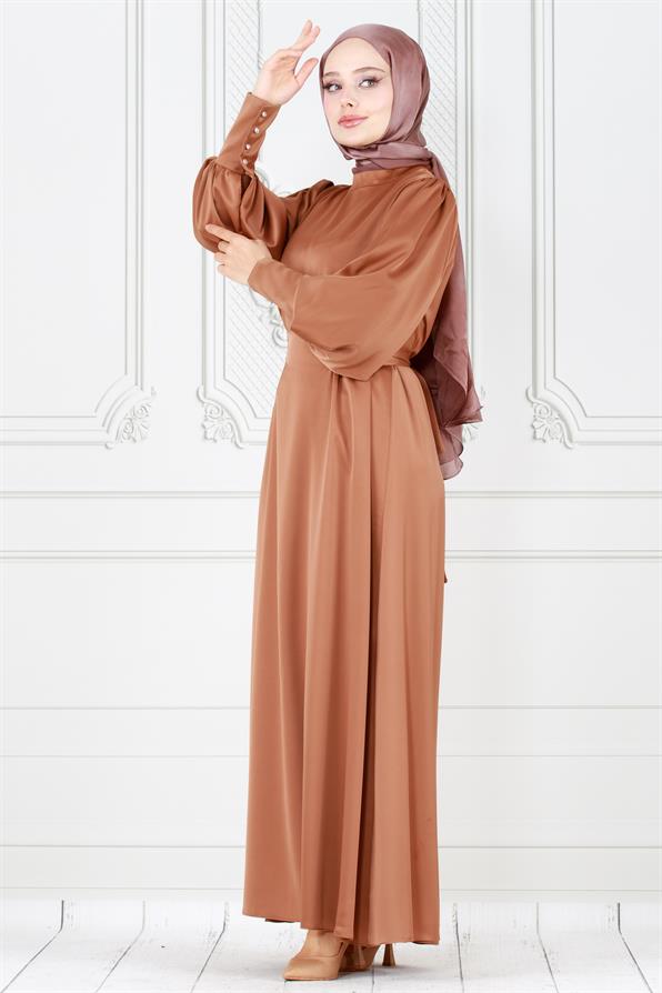 فستان سهرة من الساتان بأحزمة مربوطة إلى الخلف- لون مينك