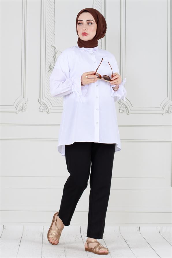 White-Tunic with Pleated Back, Gathered Sleeves 