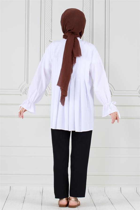 White-Tunic with Pleated Back, Gathered Sleeves 