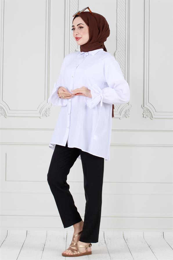White-Tunic with Pleated Back, Gathered Sleeves 