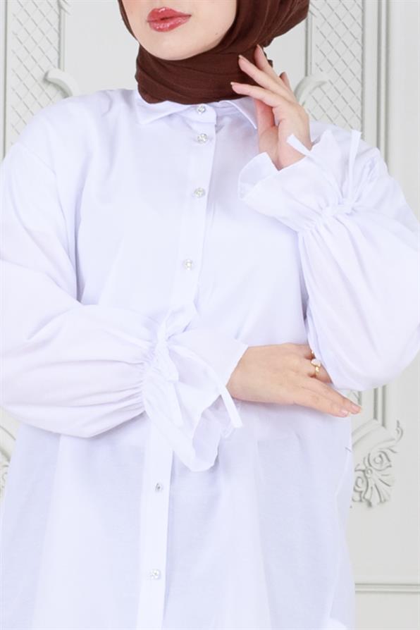 White-Tunic with Pleated Back, Gathered Sleeves 