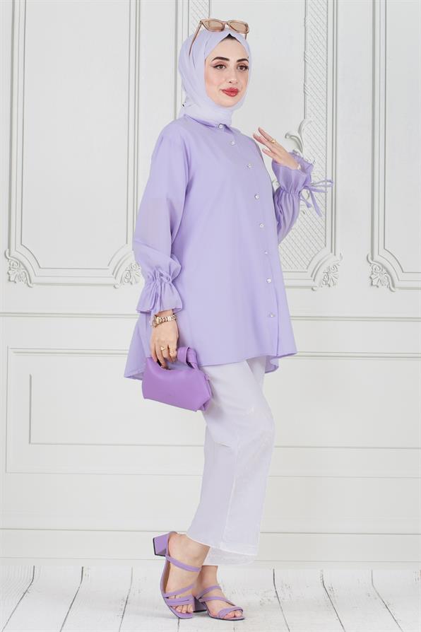 Lilac-Tunic with Pleated Back, Gathered Sleeves 
