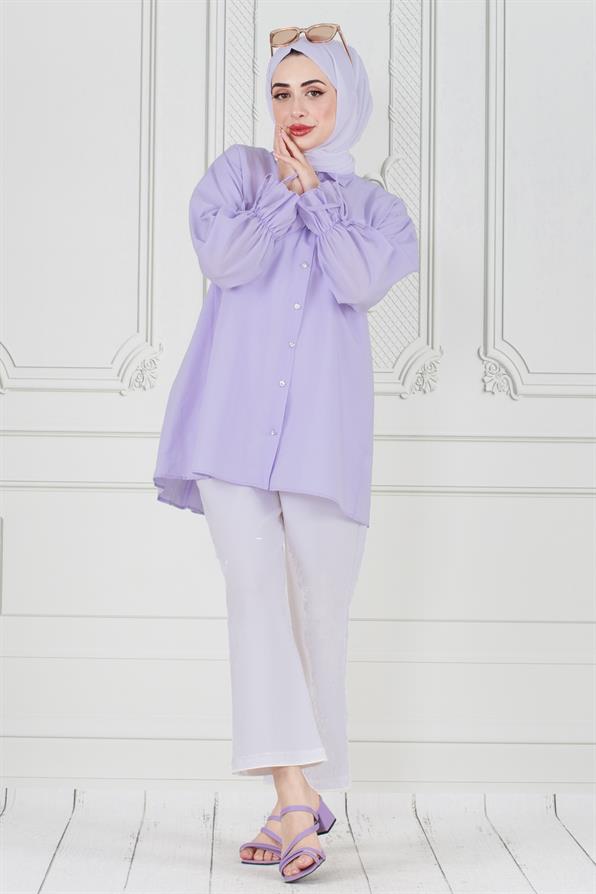 Lilac-Tunic with Pleated Back, Gathered Sleeves 