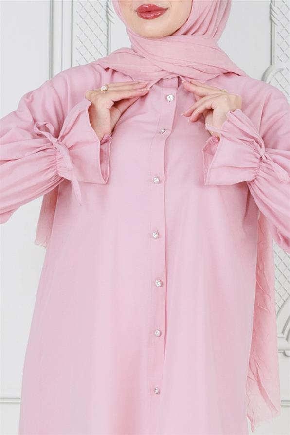 Arkası Pileli Kolu Büzgülü Tunik-Pembe