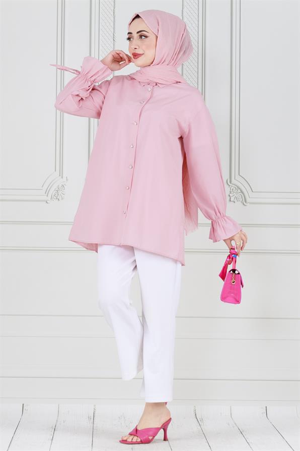 Arkası Pileli Kolu Büzgülü Tunik-Pembe