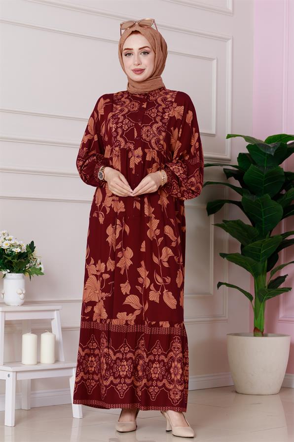 فستان آريا من الفيسكوز بنصف أزرار - عنابي اللون