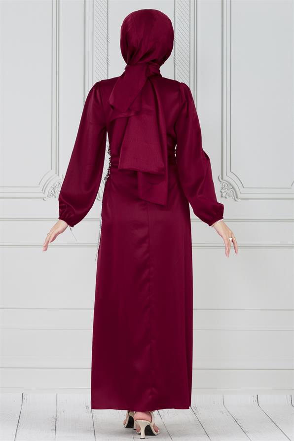 Bağcığı Taş Detaylı Saten Abiye-Bordo