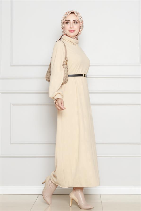 فستان عصري بحزام - لون بيج