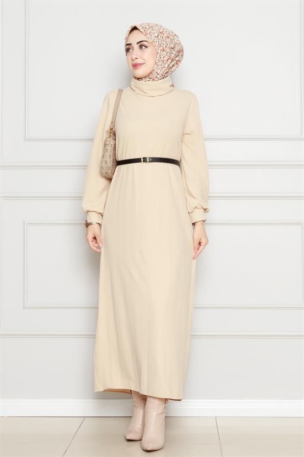 فستان عصري بحزام - لون بيج