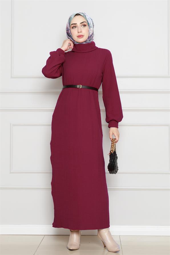 فستان عصري بحزام - لون بوردو