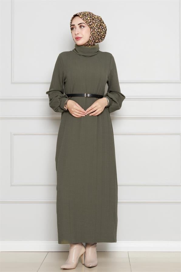 فستان عصري بحزام - لون كاكي