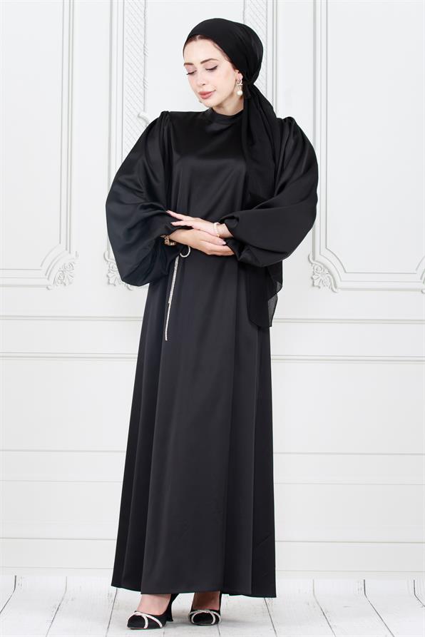 فستان سهرة بأكمام بالونية و حزام مرصع بالأحجار / باللون الاسود