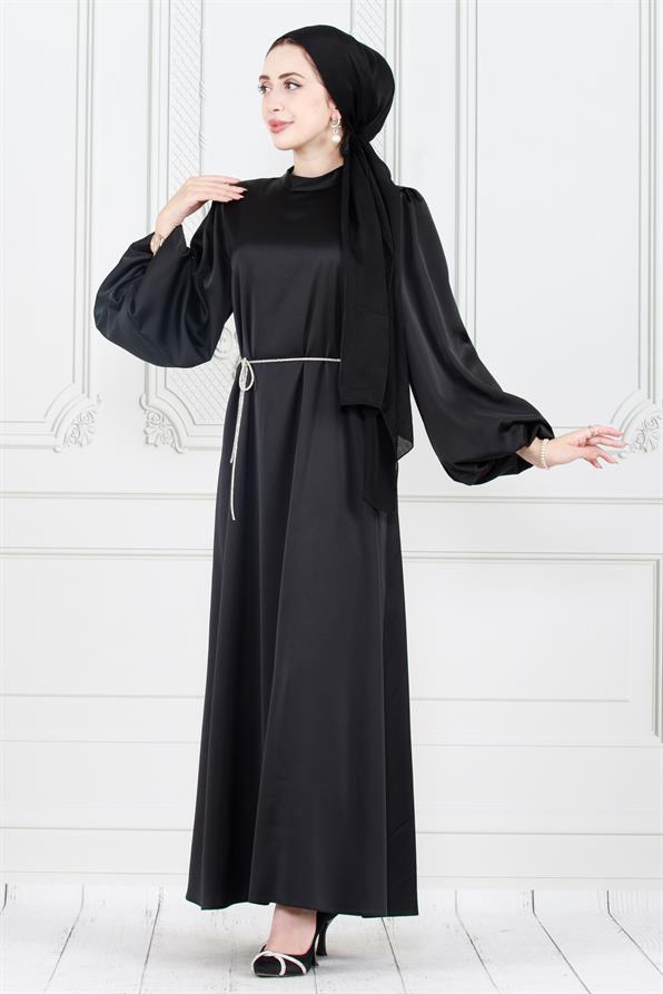 فستان سهرة بأكمام بالونية و حزام مرصع بالأحجار / باللون الاسود