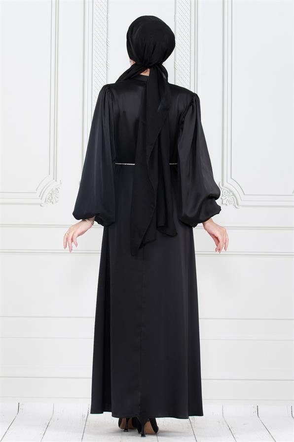 فستان سهرة بأكمام بالونية و حزام مرصع بالأحجار / باللون الاسود