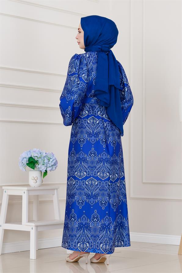 Balon Kol Saten Adel Elbise-Mavi