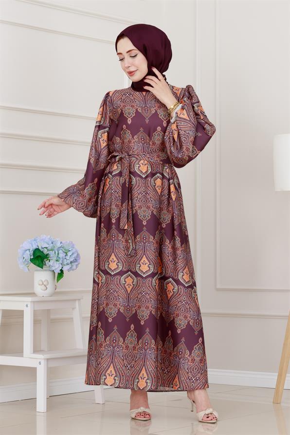 Balon Kol Saten Adel Elbise-Mor