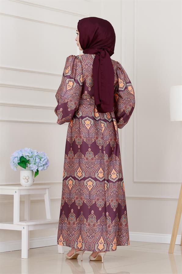 Balon Kol Saten Adel Elbise-Mor