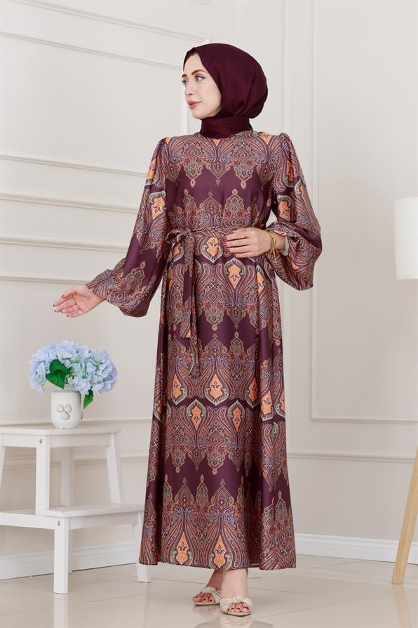 Balon Kol Saten Adel Elbise-Mor