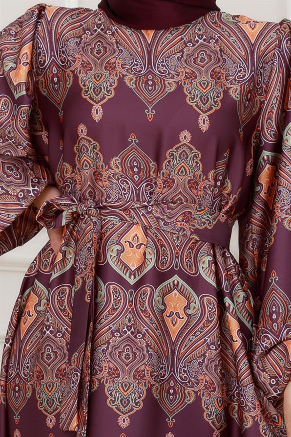 Balon Kol Saten Adel Elbise-Mor