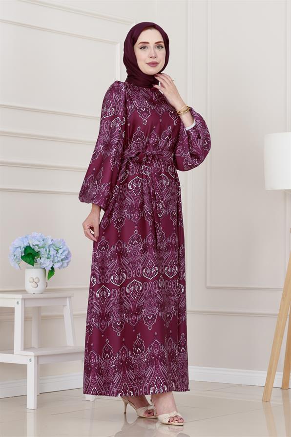 Balon Kol Saten Adel Elbise-Mürdüm