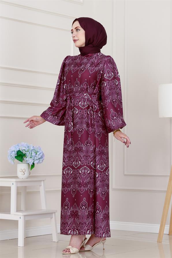 Balon Kol Saten Adel Elbise-Mürdüm