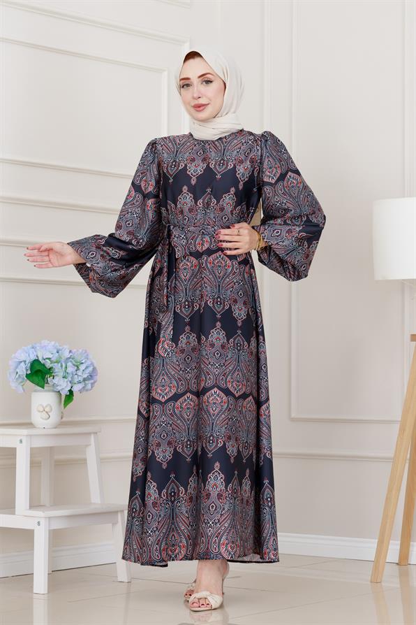 Balon Kol Saten Adel Elbise-Siyah