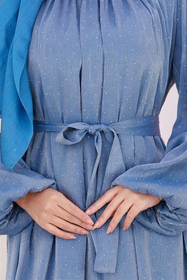 فستان سهرة شمالي بأكمام منفوخة مرصع بأحجار - نيلي اللون