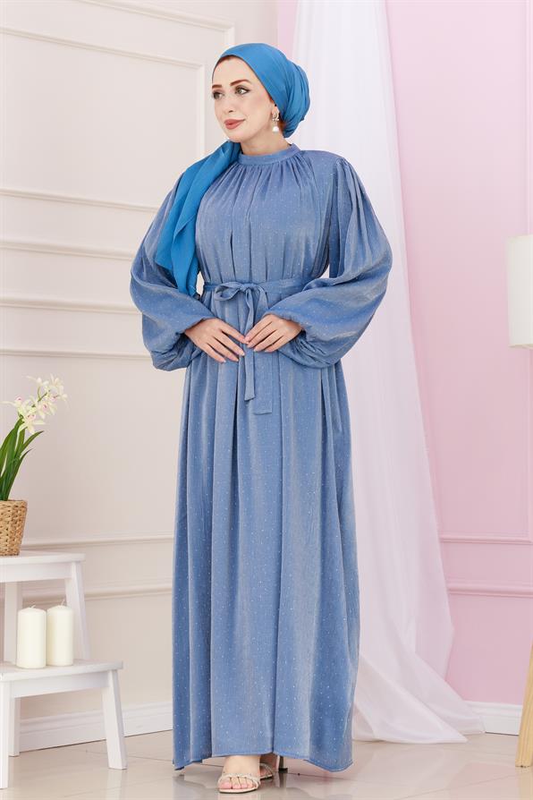 فستان سهرة شمالي بأكمام منفوخة مرصع بأحجار - نيلي اللون