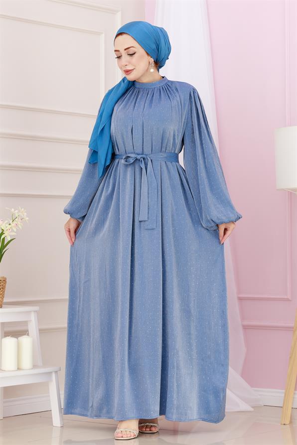 فستان سهرة شمالي بأكمام منفوخة مرصع بأحجار - نيلي اللون