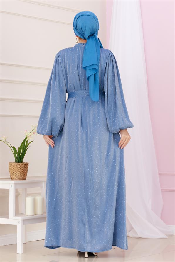 فستان سهرة شمالي بأكمام منفوخة مرصع بأحجار - نيلي اللون
