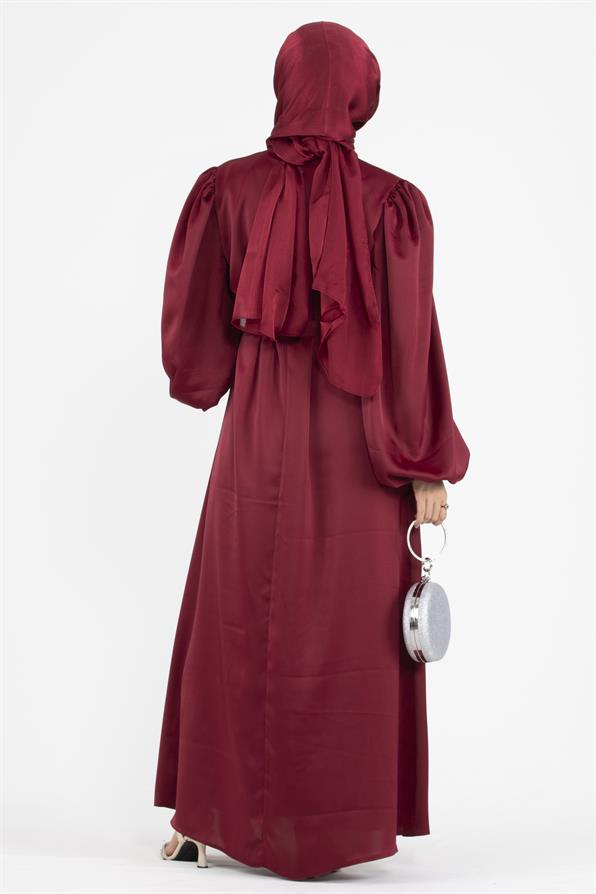 Balon Kollu Saten Abiye-Bordo